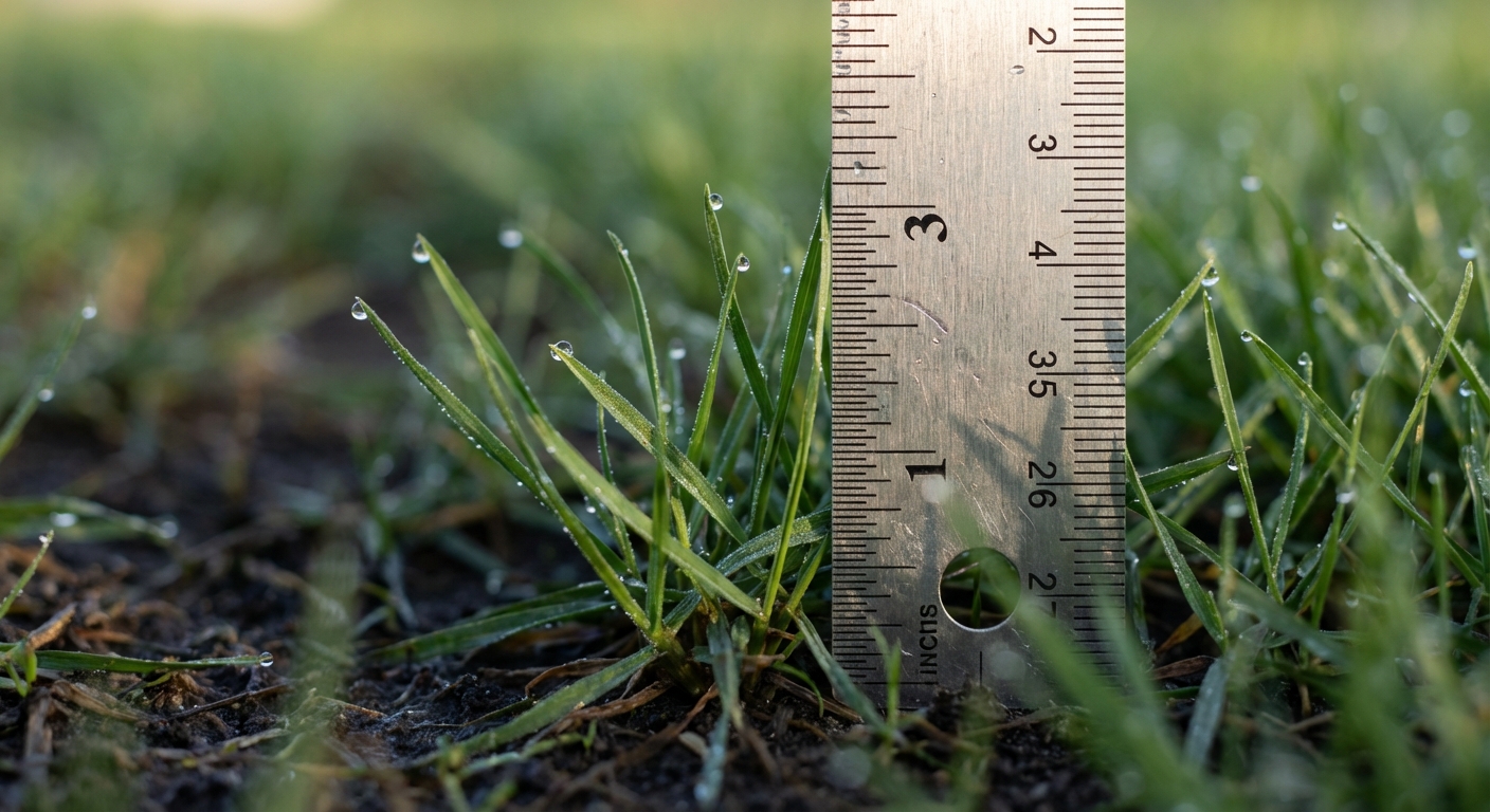 Metal ruler measuring grass cutting height in a dewy Fort Wayne lawn