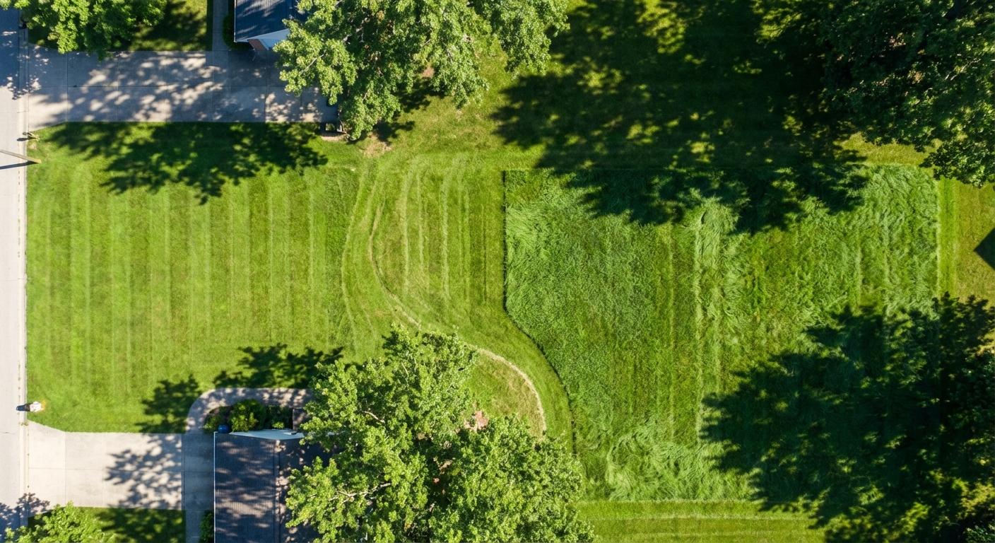 Aerial view showing mowing frequency pattern on a Northeast Indiana residential lawn