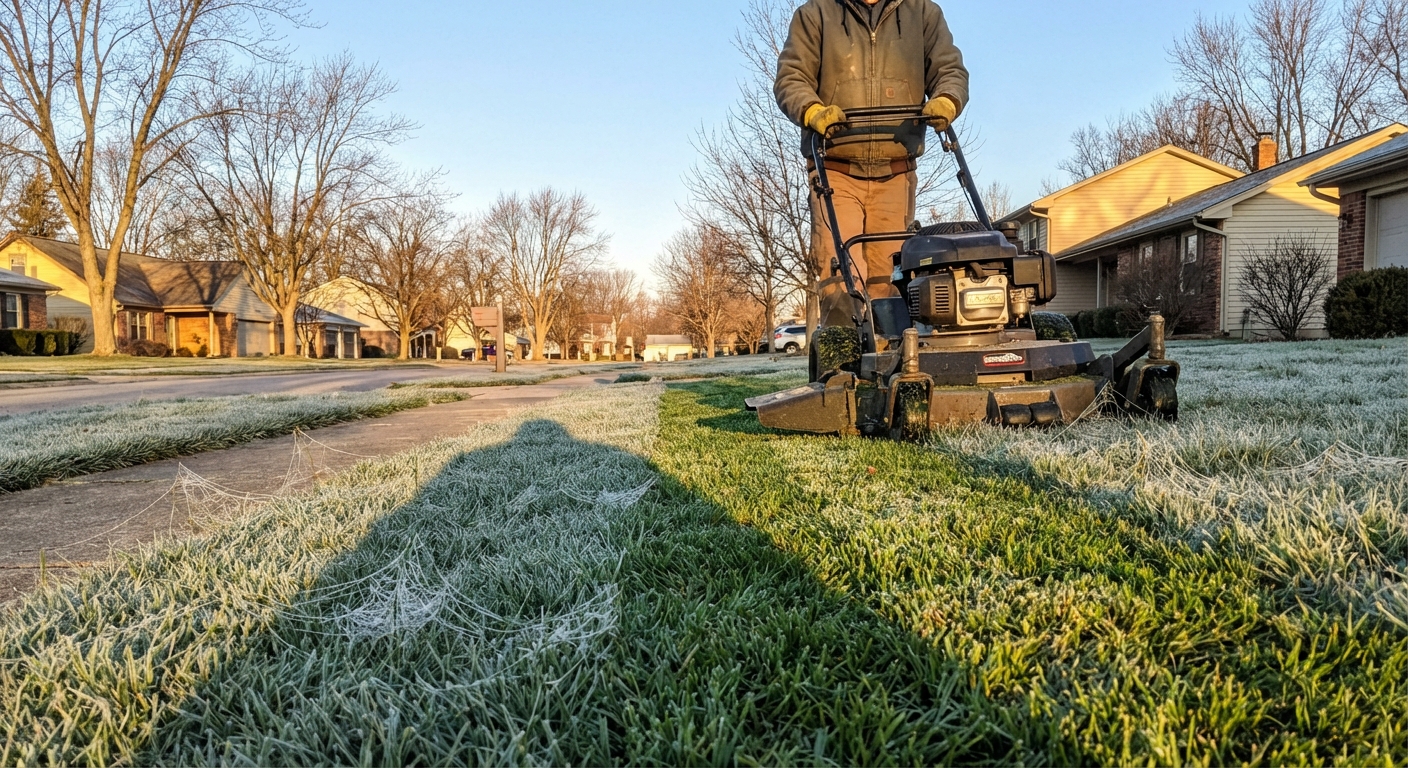Homeowner mowing a frost-covered lawn at sunrise in a Northeast Indiana neighborhood