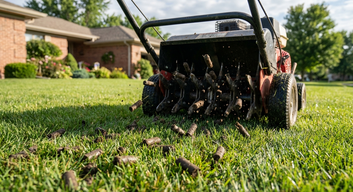 Core aerator machine pulling soil plugs from a compacted Fort Wayne lawn