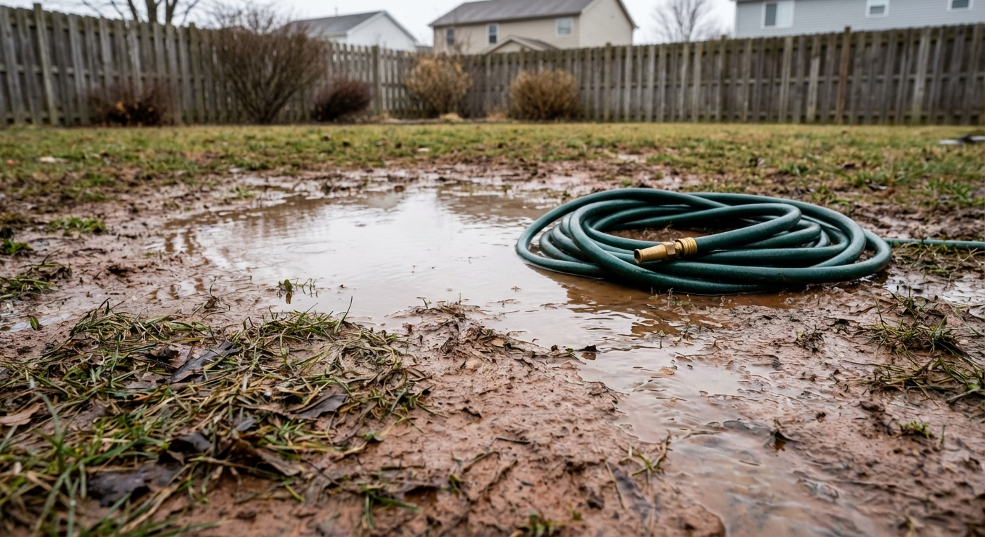Standing water and poor drainage on compacted soil in a Fort Wayne backyard