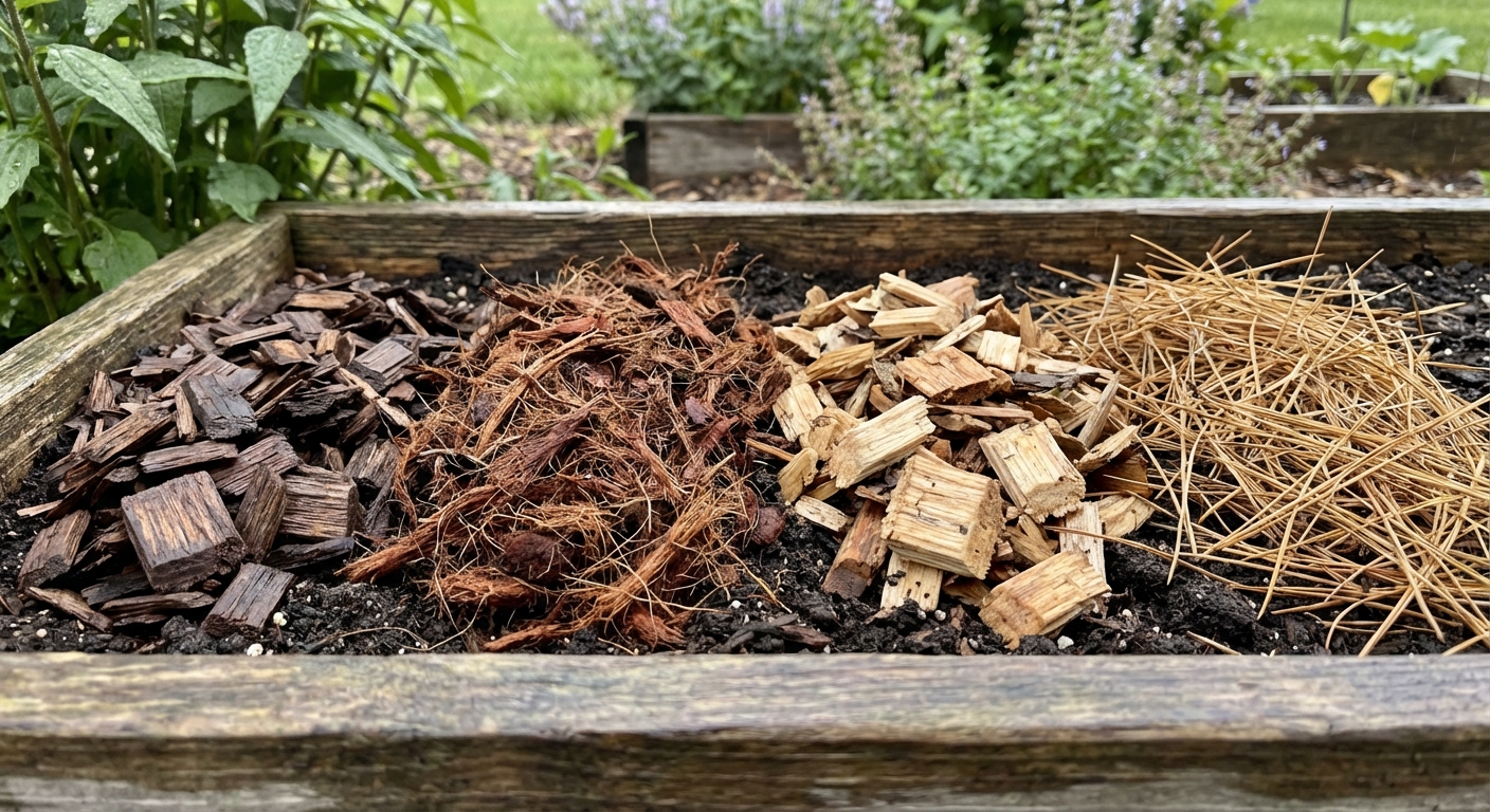Comparison of mulch types including hardwood, bark, wood chips, and pine straw for Fort Wayne gardens