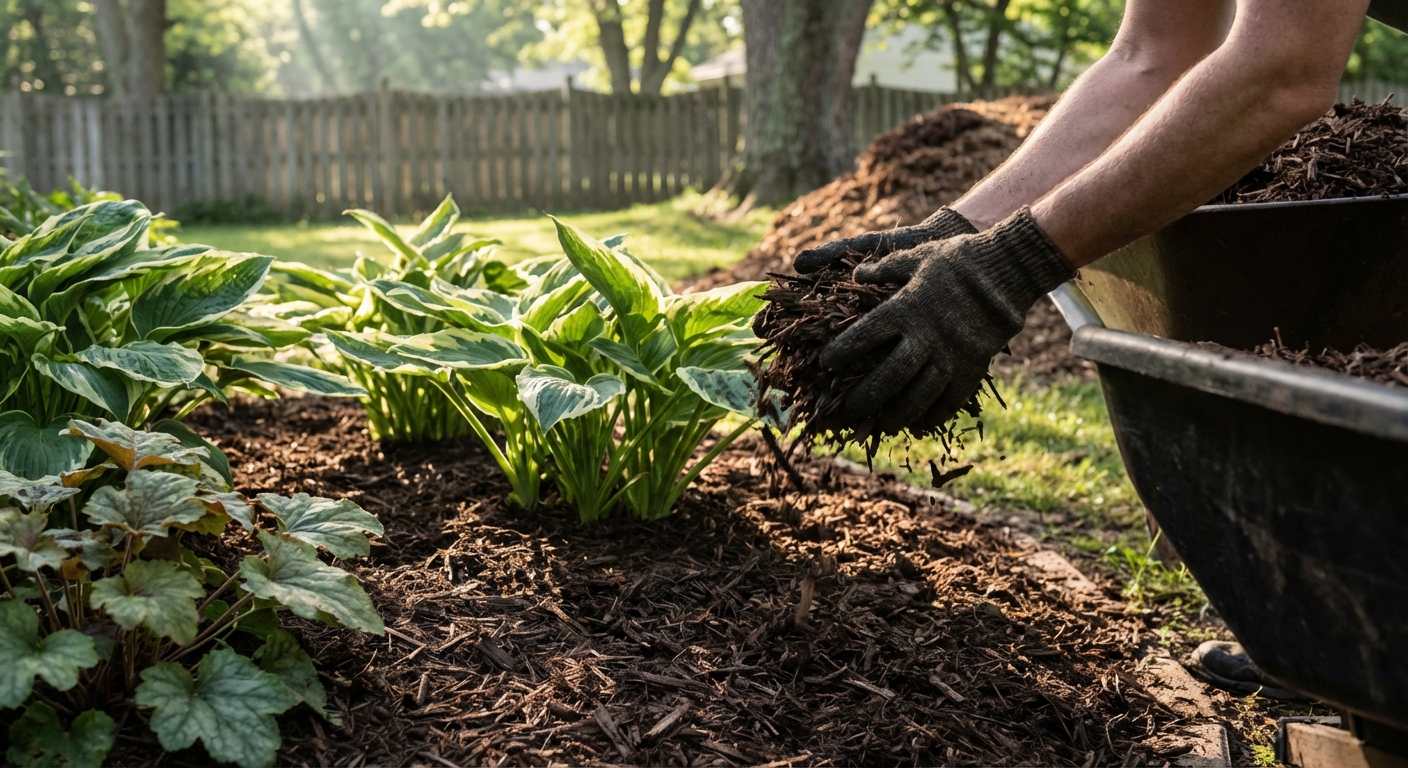 Proper mulch application around plants in Northeast Indiana flower beds prevents disease and weeds