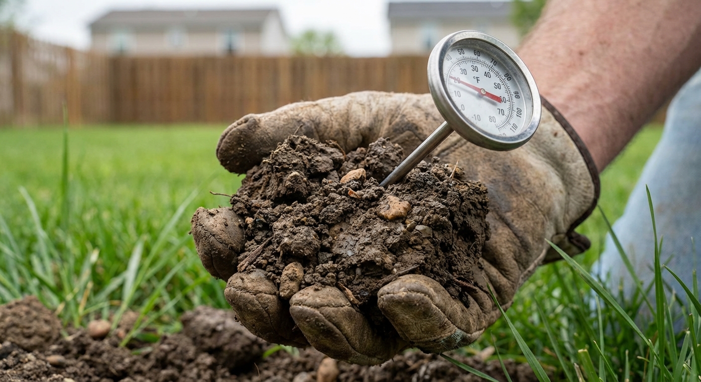 Northeast Indiana clay soil with thermometer showing optimal fertilizer application temperature for Fort Wayne lawns