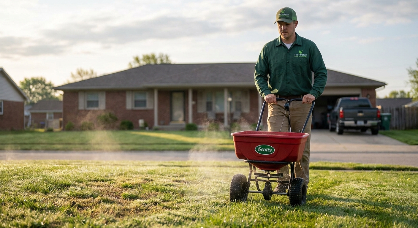 Professional fertilizer application on Fort Wayne Indiana lawn using precision spreader during spring growth season