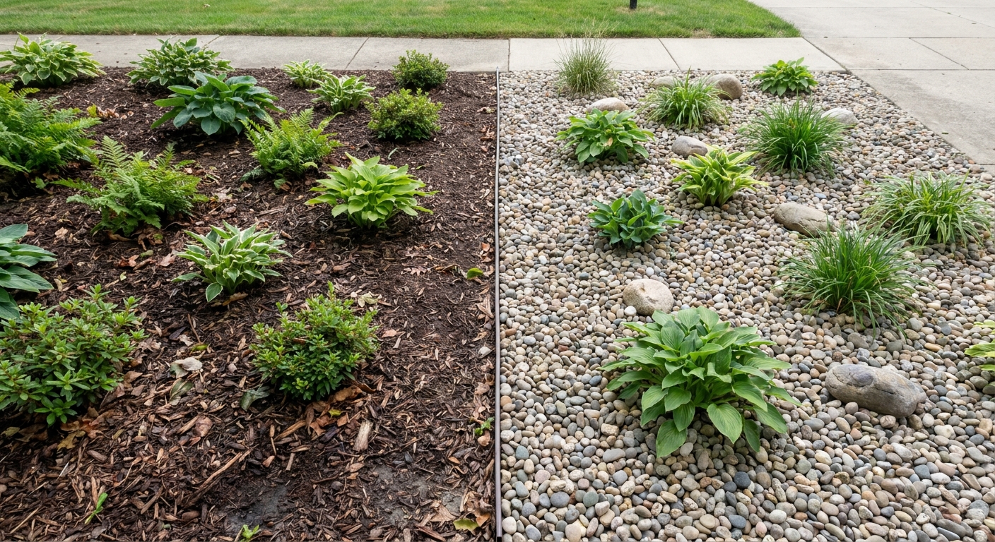 Comparison of mulch wood chips versus decorative stone ground cover in Fort Wayne landscaping application