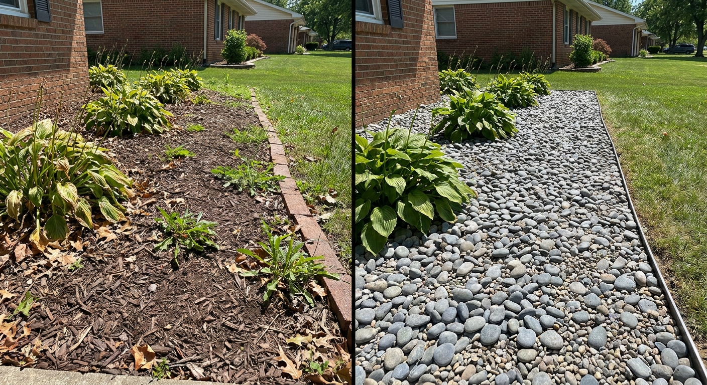 Northeast Indiana mulch versus stone landscape durability showing decomposed mulch versus lasting stone coverage