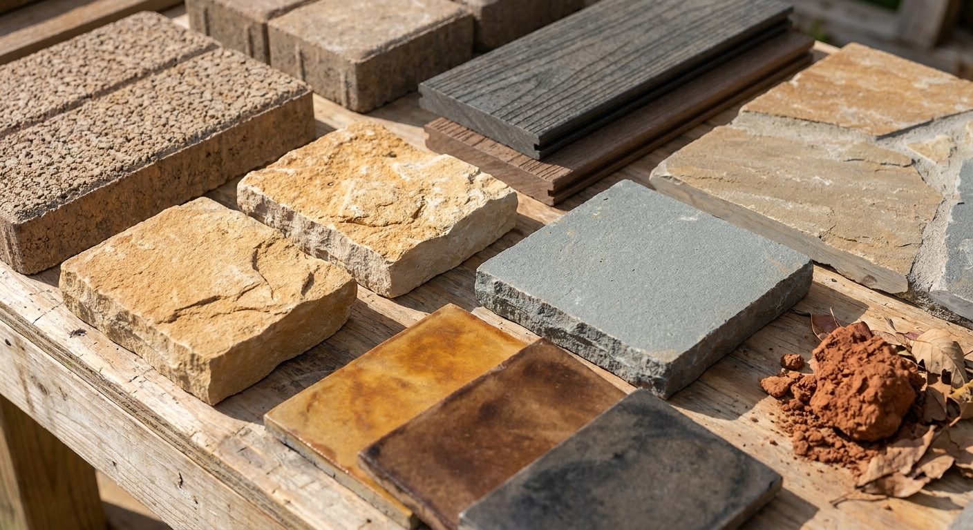 Collection of 2026 hardscaping materials including permeable pavers, natural stone, and recycled composites for Northeast Indiana homes