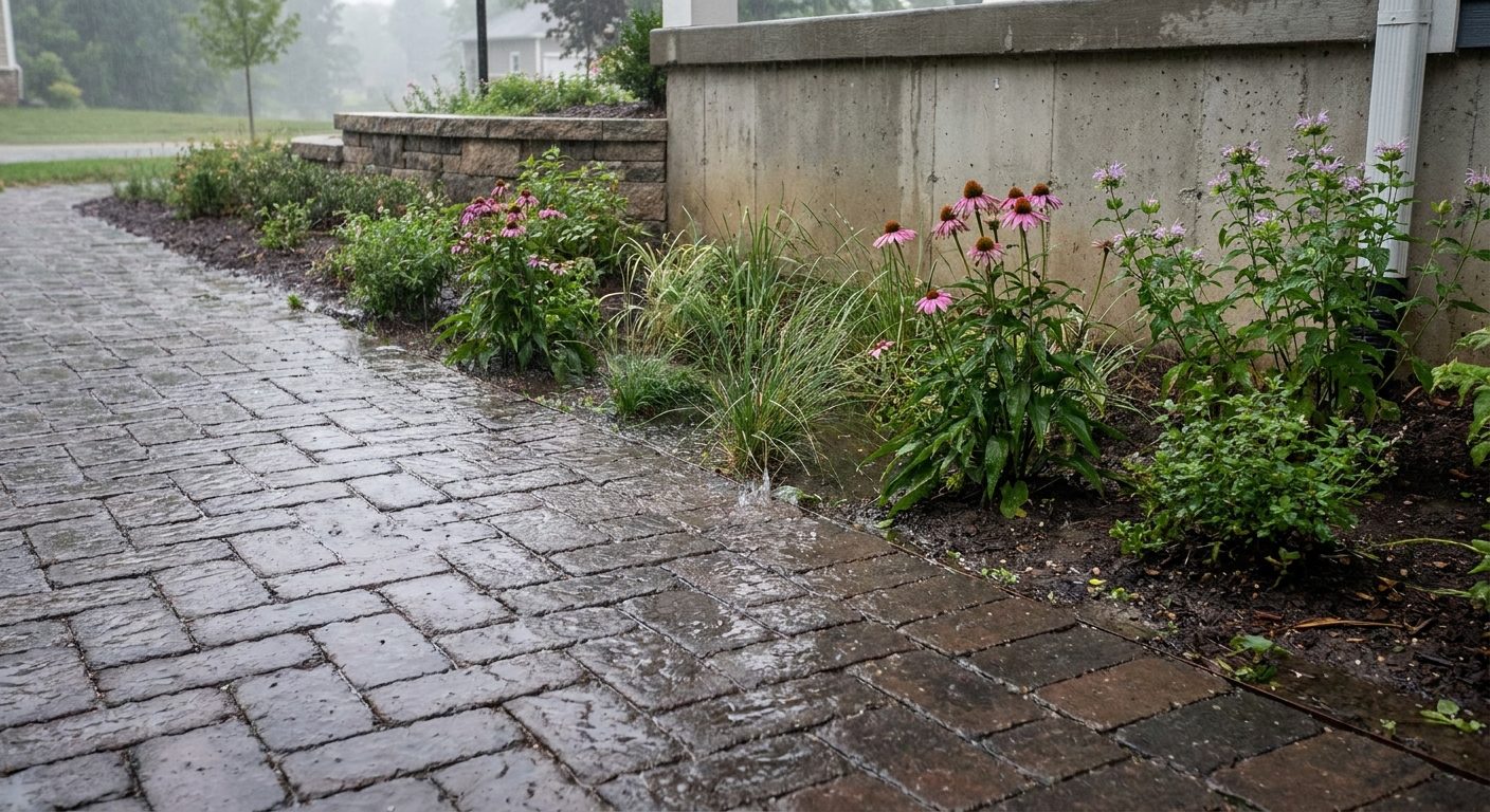 Permeable paver walkway with proper drainage and hardscape water management in a Fort Wayne Indiana residential landscape