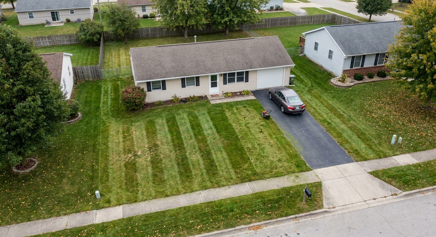 Aerial view of a quarter-acre residential lawn in Fort Wayne showing mowing pattern stripes