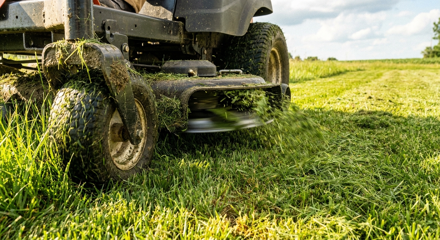 Close-up of a 48-inch riding mower deck cutting grass efficiently on a large Fort Wayne lawn