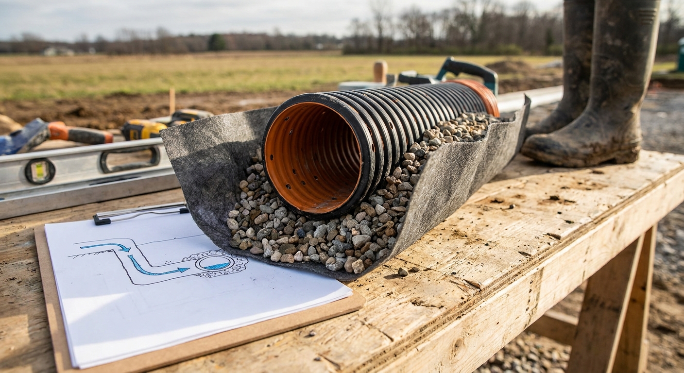 Close-up of drainage tile components showing perforated pipe and filter fabric for Fort Wayne retaining wall systems