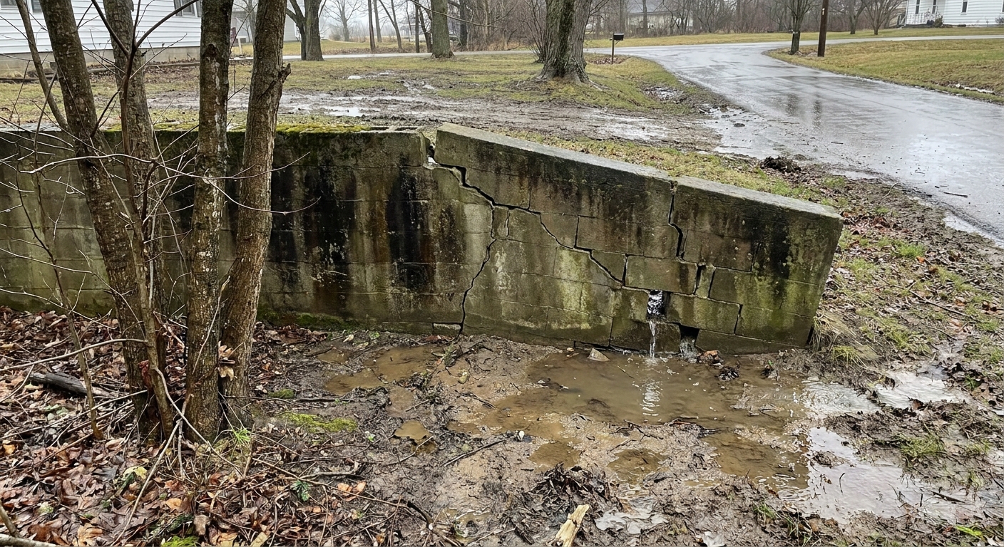 Damaged retaining wall in Fort Wayne showing bulging and cracks caused by hydrostatic pressure and poor drainage