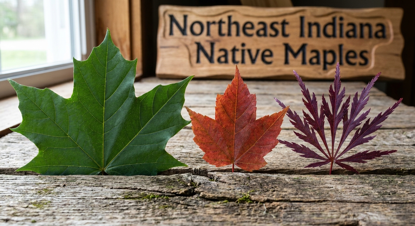 Three maple leaf varieties showing differences between sugar, red, and Japanese maples in Northeast Indiana