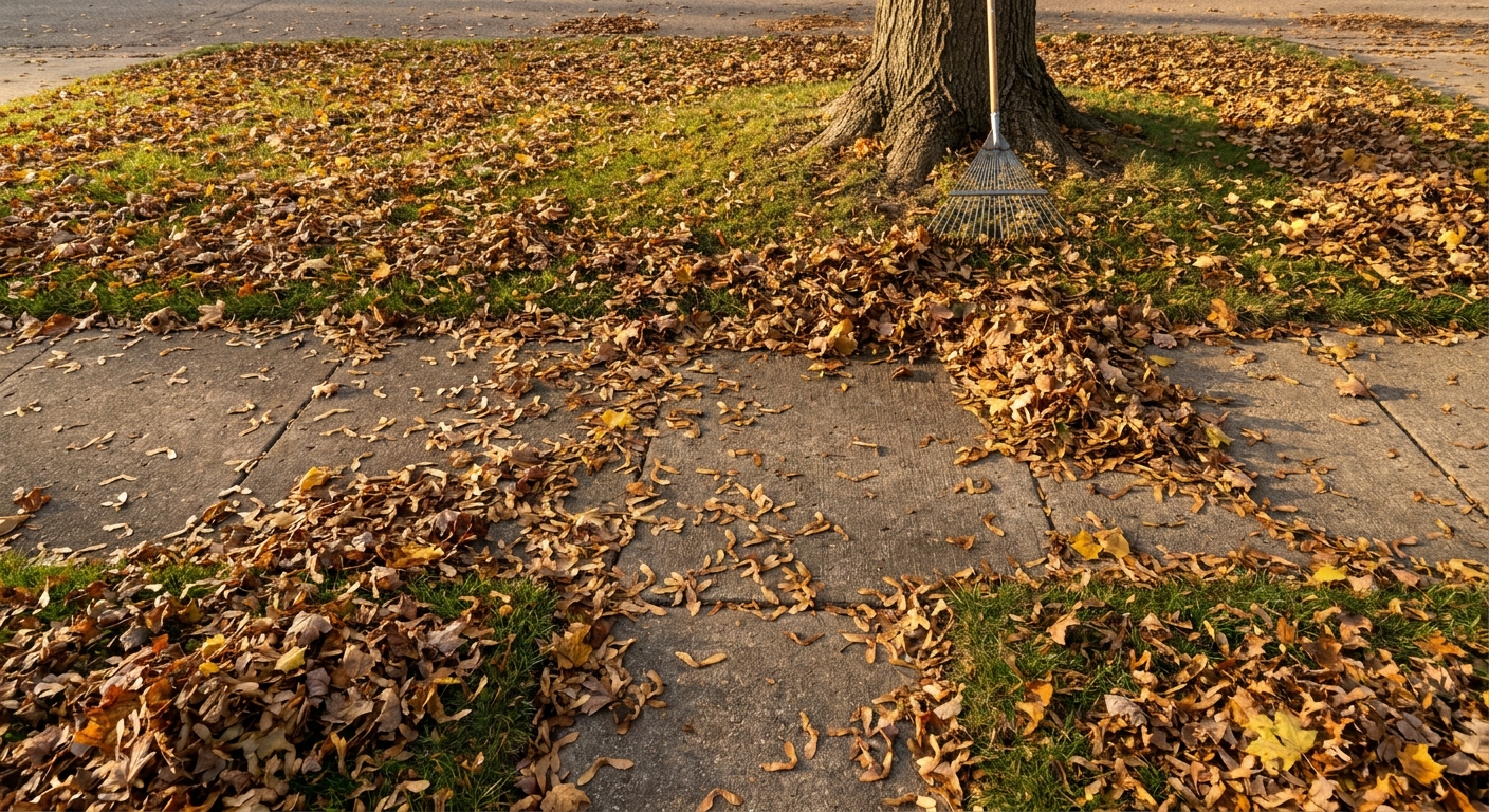 Maple seeds and leaves scattered across Fort Wayne lawn and sidewalk during fall cleanup season