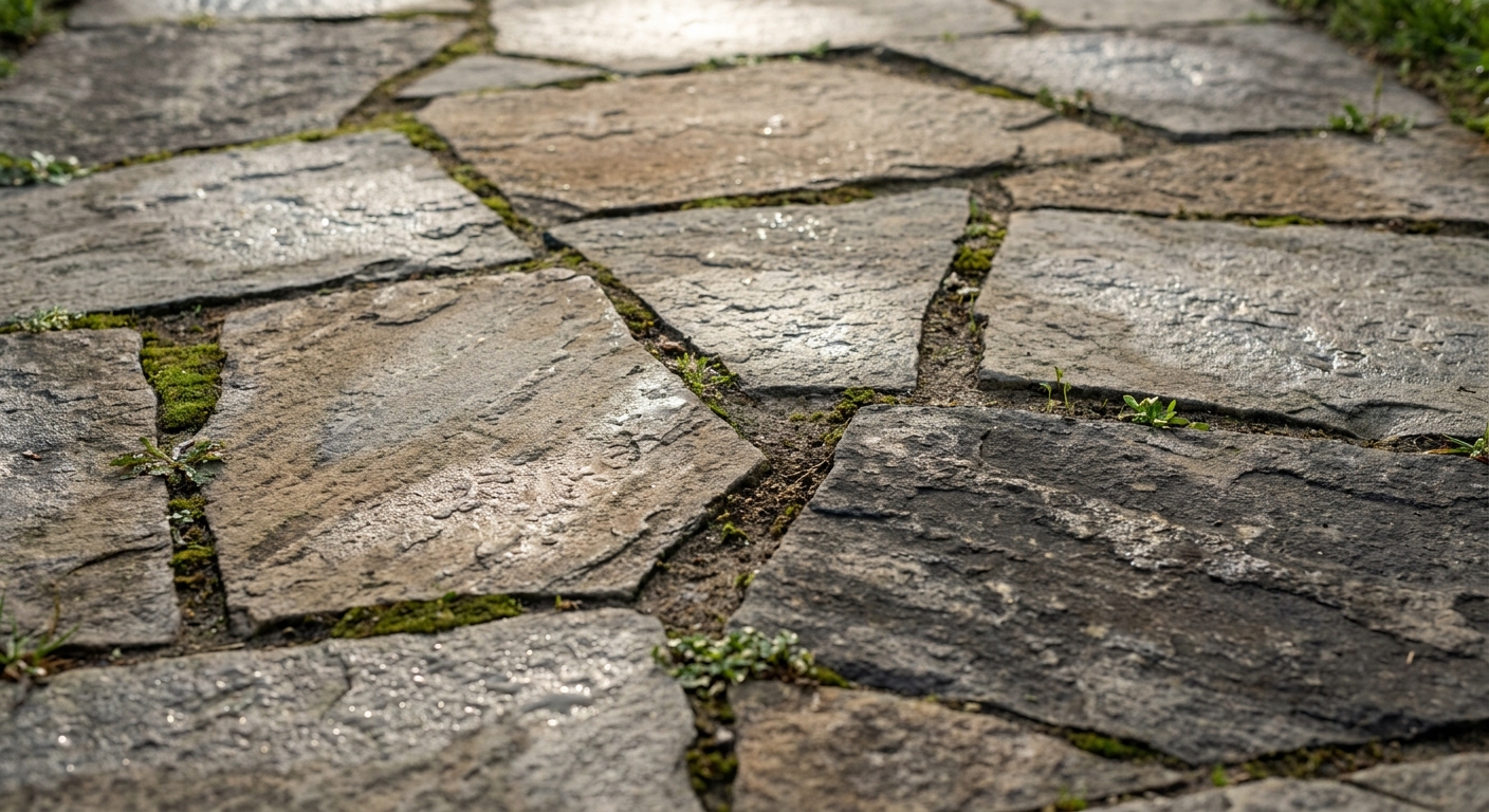 Close-up of flagstone pavers showing earth-tone colors and textured surface in Northeast Indiana landscape design
