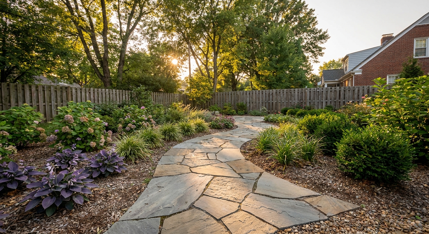 Curved flagstone walkway design with landscaping borders in a Fort Wayne residential garden setting