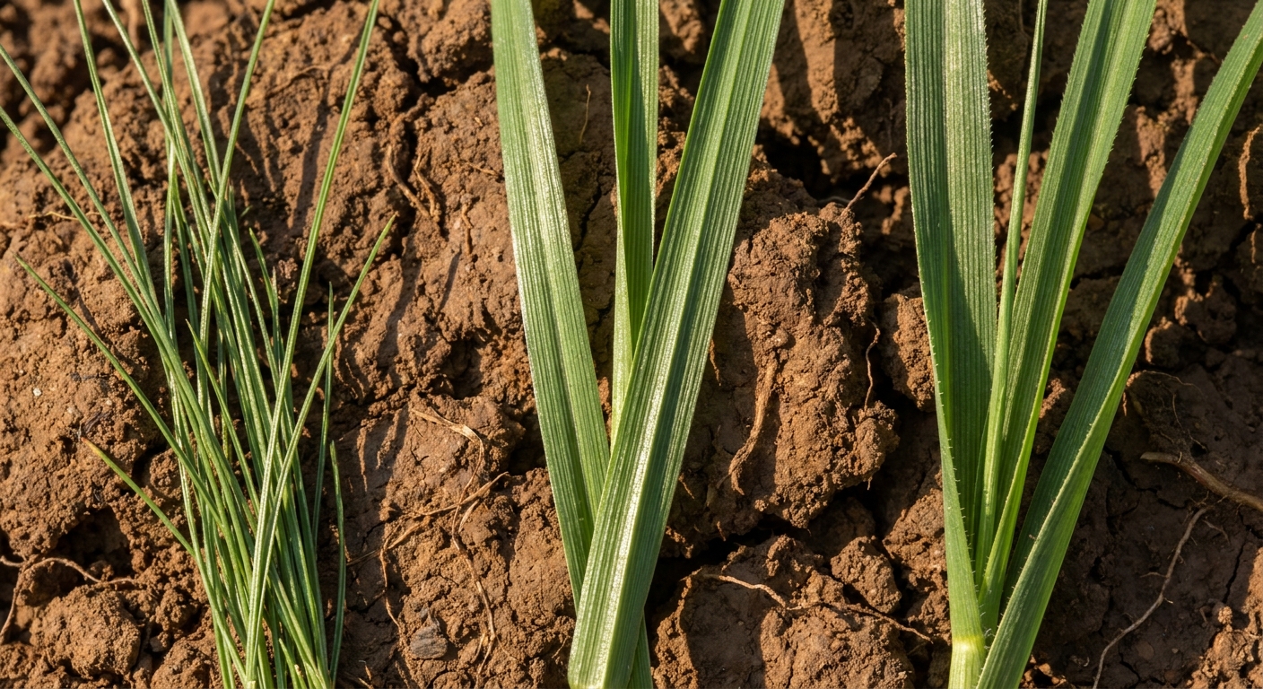 Close-up comparison of fine fescue, perennial ryegrass, and tall fescue blade samples on Northeast Indiana clay soil