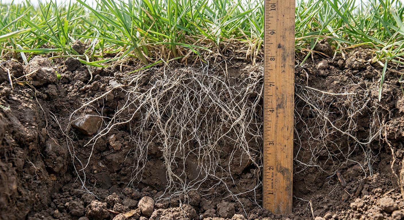 Deep perennial ryegrass root system extending through Fort Wayne clay soil for thick lawn establishment