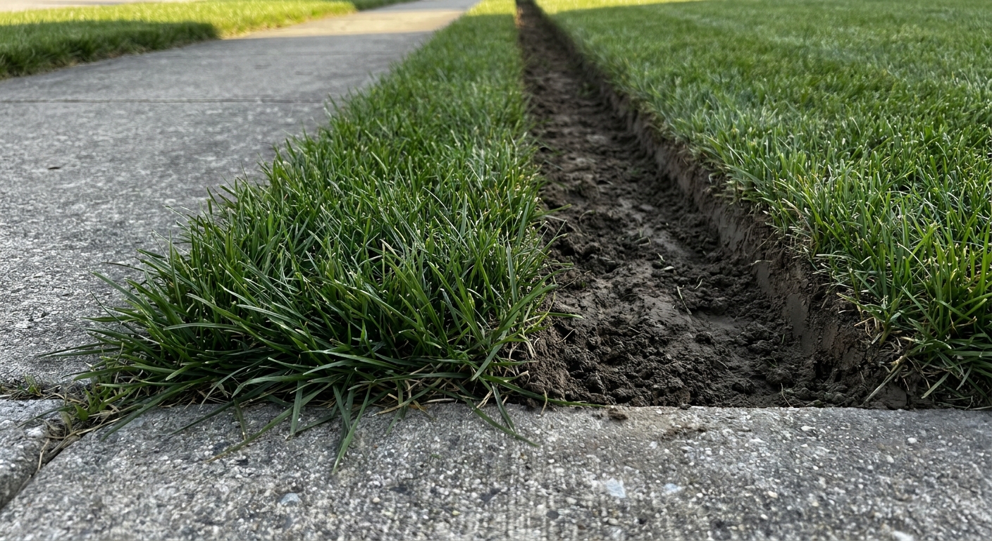Comparison of edged versus overgrown lawn border showing grass creeping onto sidewalk in Northeast Indiana