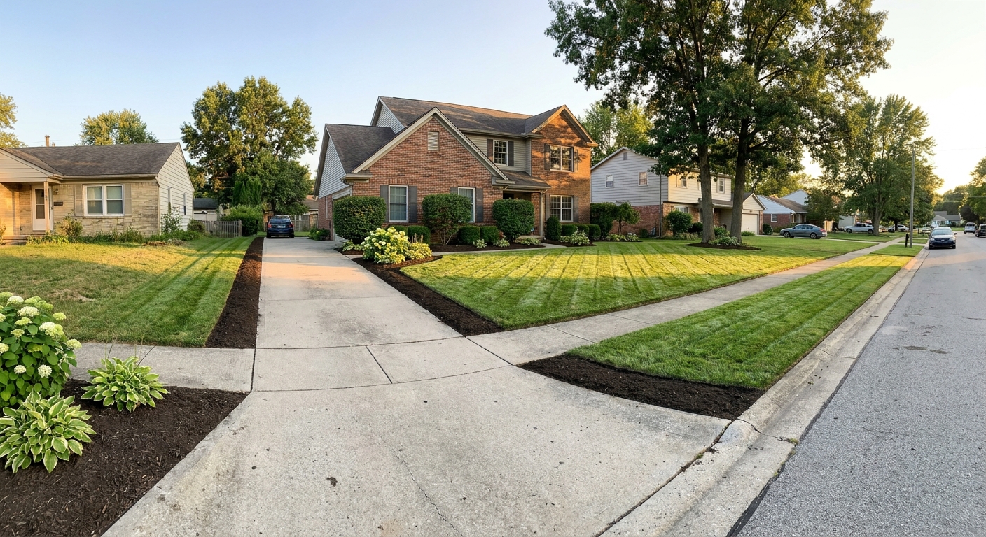 Fort Wayne home's front curb appeal enhanced by crisp lawn edging along driveway and sidewalk borders