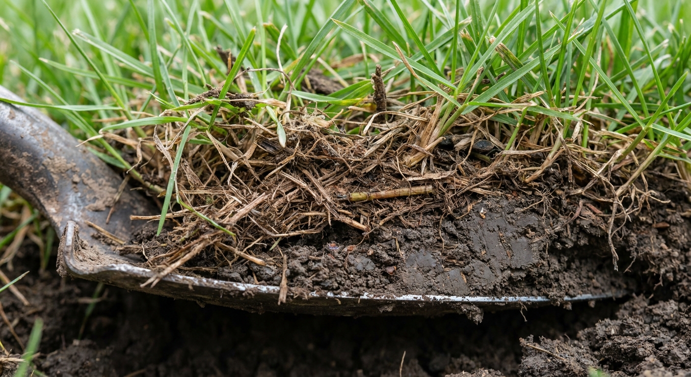 Close-up cross-section of thatch layer in Northeast Indiana clay soil showing dead grass and roots