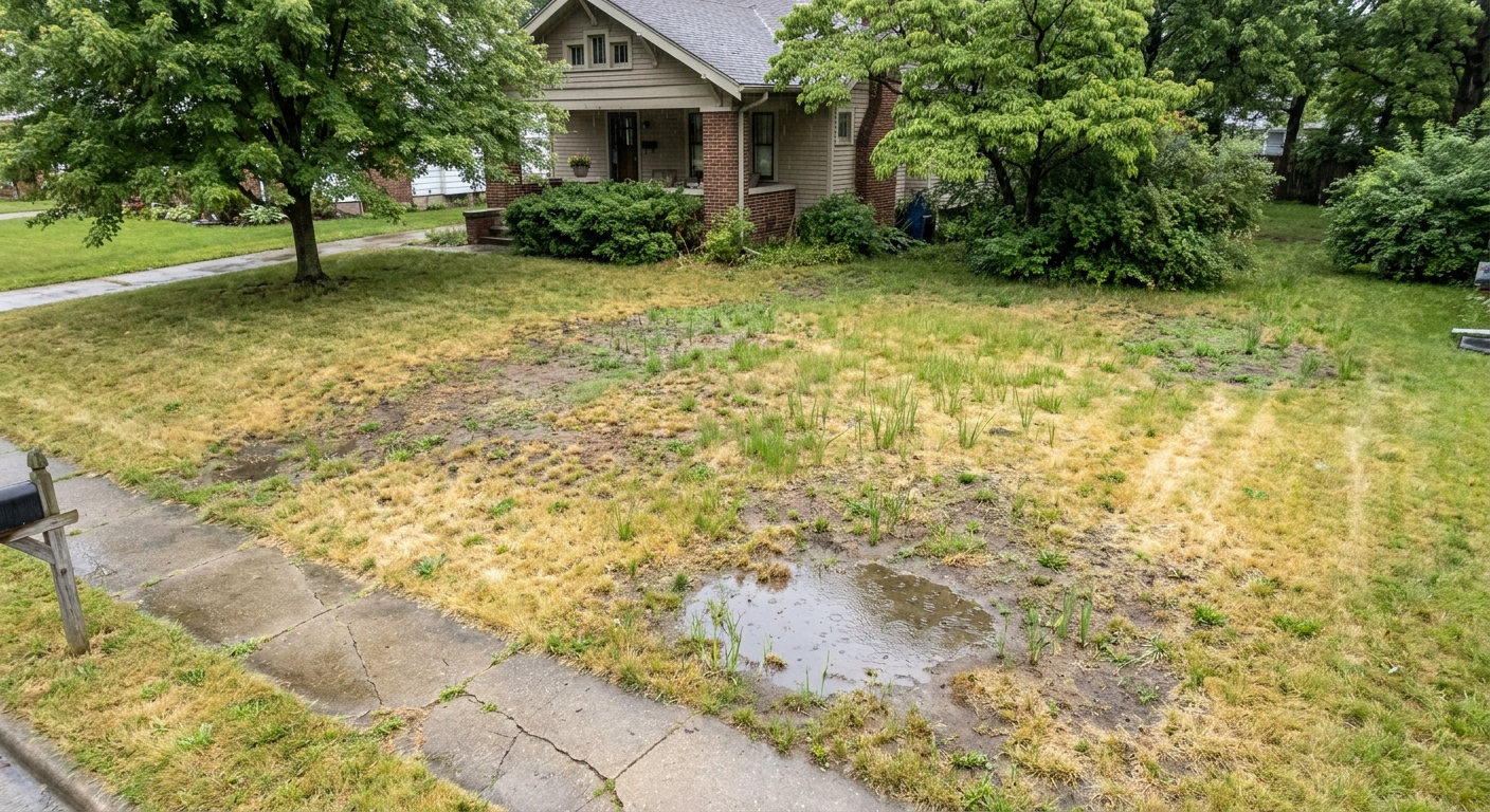 Unhealthy Fort Wayne lawn with yellowing patches and weak grass from excessive thatch buildup