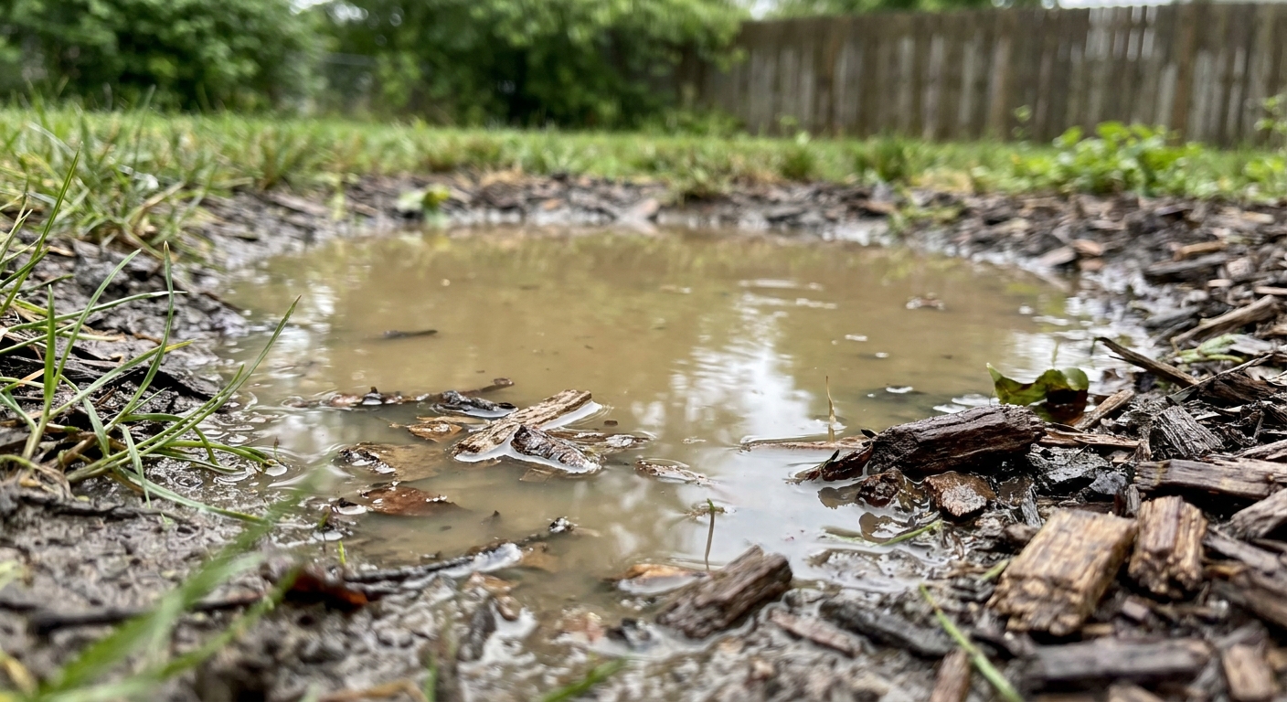 Standing water pooling in clay soil after rain, a mosquito breeding ground in Fort Wayne yards