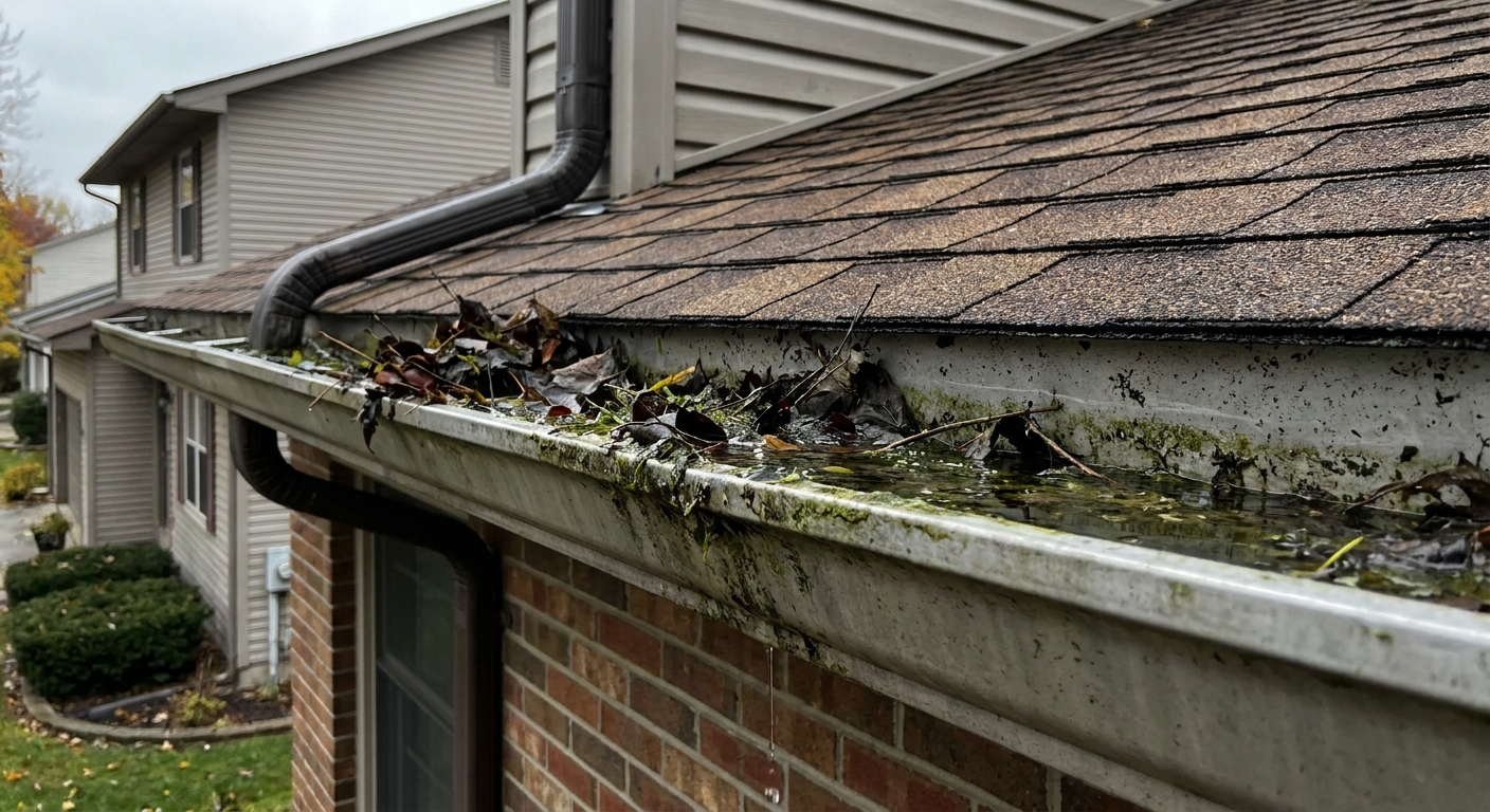 Clogged gutter with standing water and debris, common mosquito breeding location in Fort Wayne