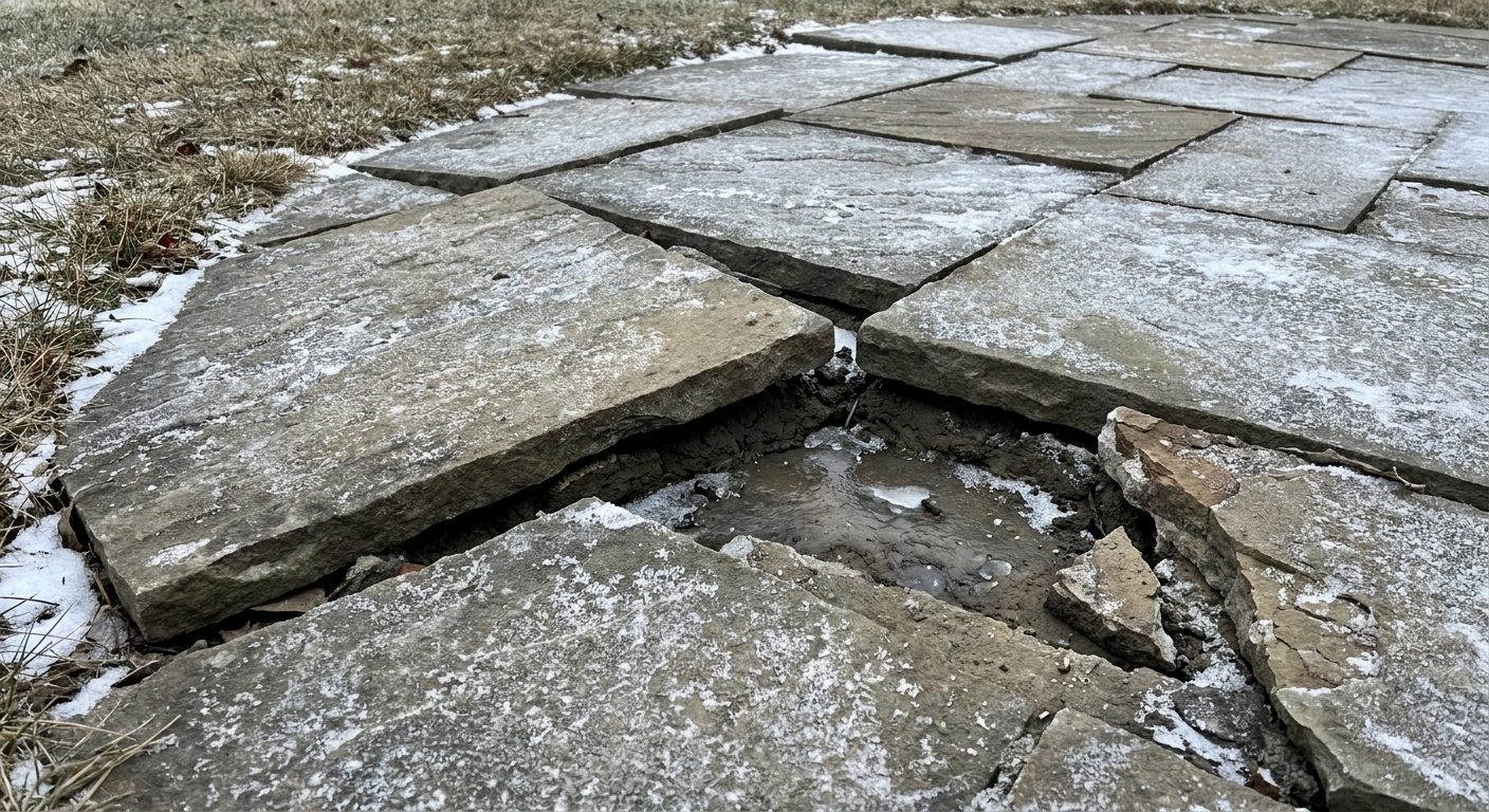 Damaged patio with frost heave and uneven settling caused by poor base material in Fort Wayne