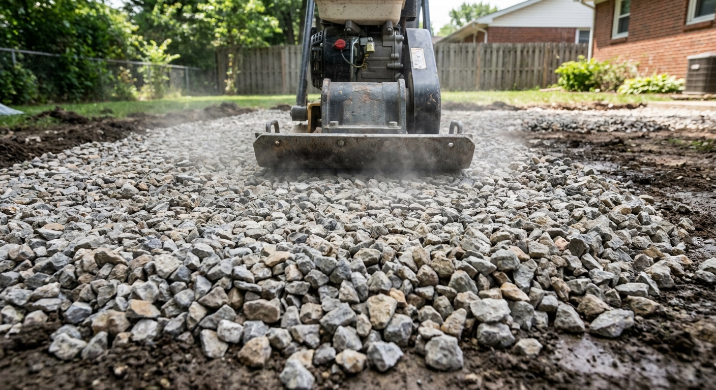 Crushed stone base material being compacted for patio installation in Fort Wayne Northeast Indiana
