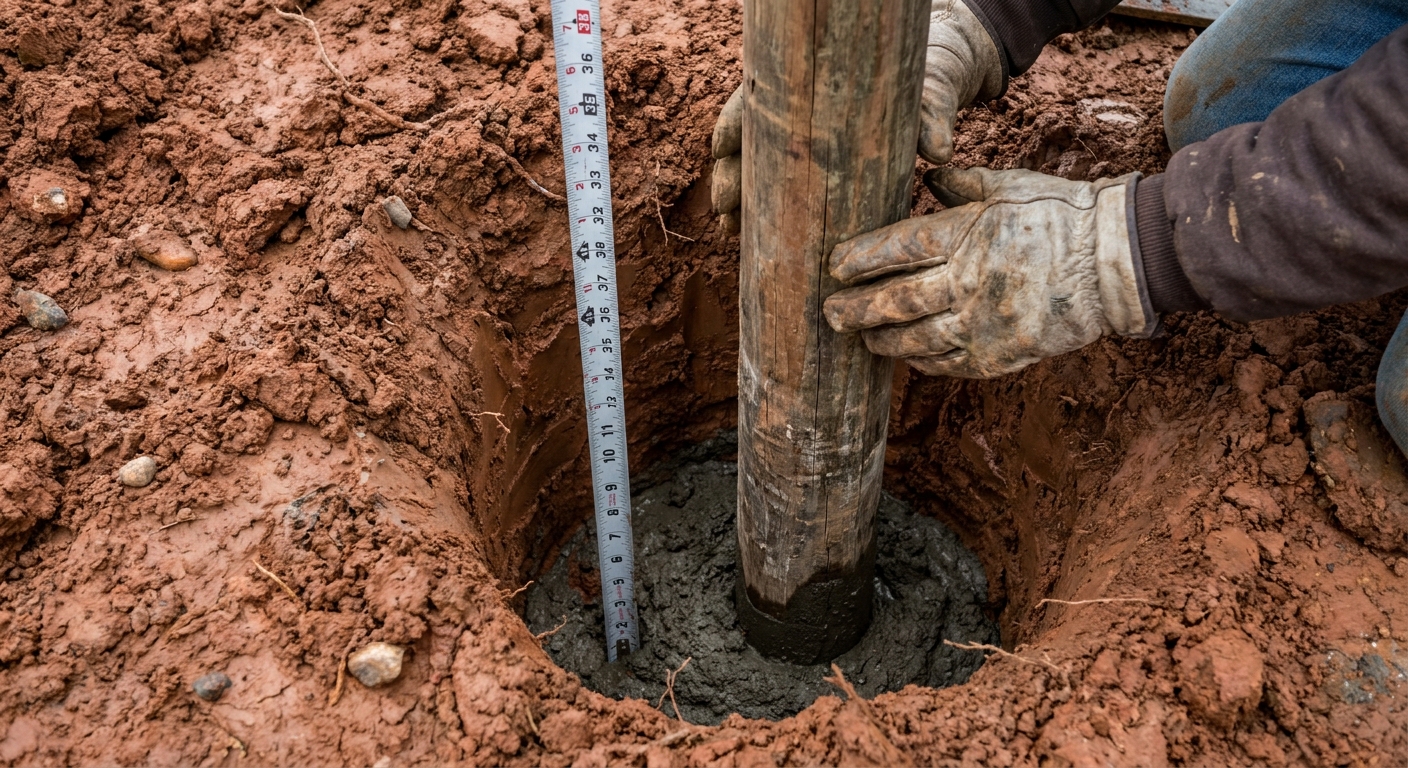 Close-up of properly dug fence post hole in Fort Wayne spring soil with concrete and vertical post installation