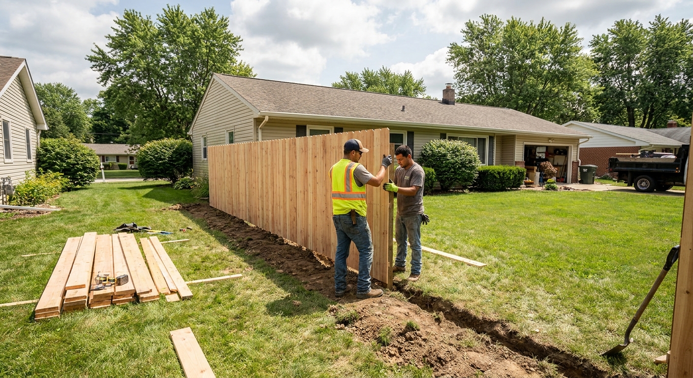 Fence installation crew working in ideal spring weather conditions in Fort Wayne, Indiana residential area