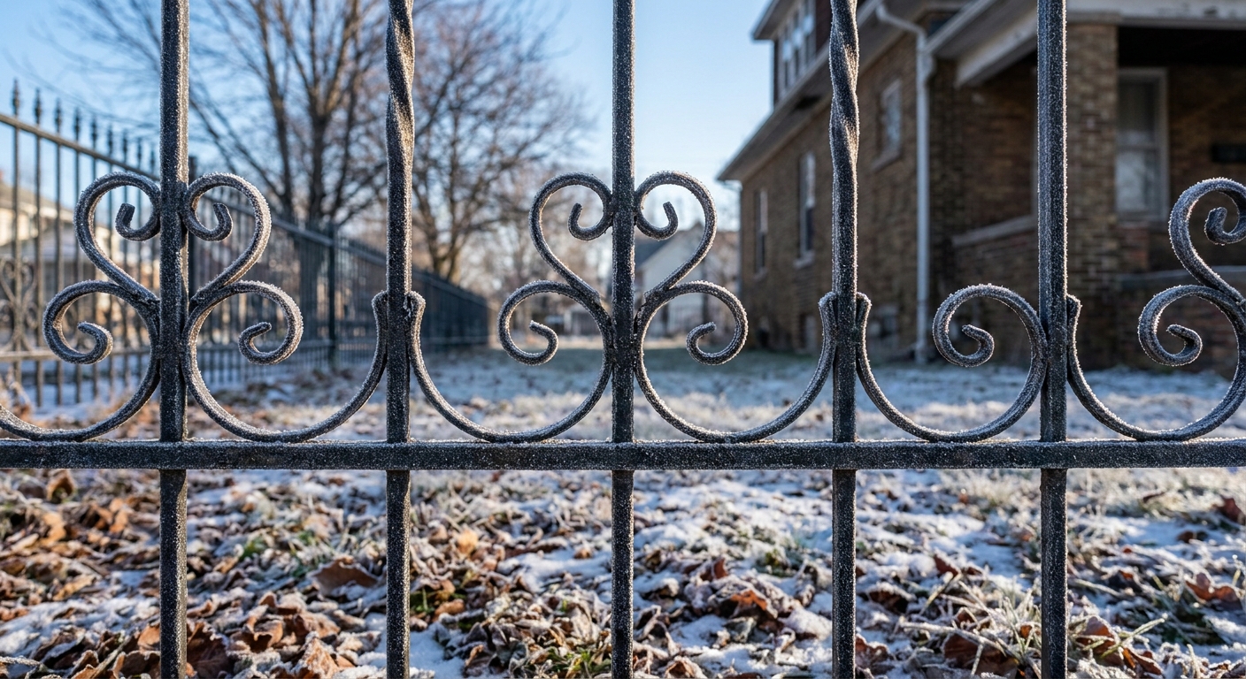 Close-up of frost-covered wrought iron fence demonstrating durability in Northeast Indiana winter conditions