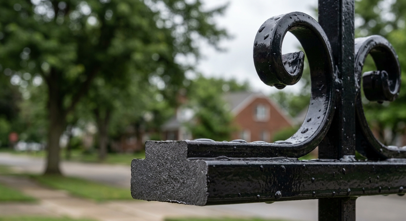 Detailed view of wrought iron fence material showing protective finish and durable construction in Fort Wayne