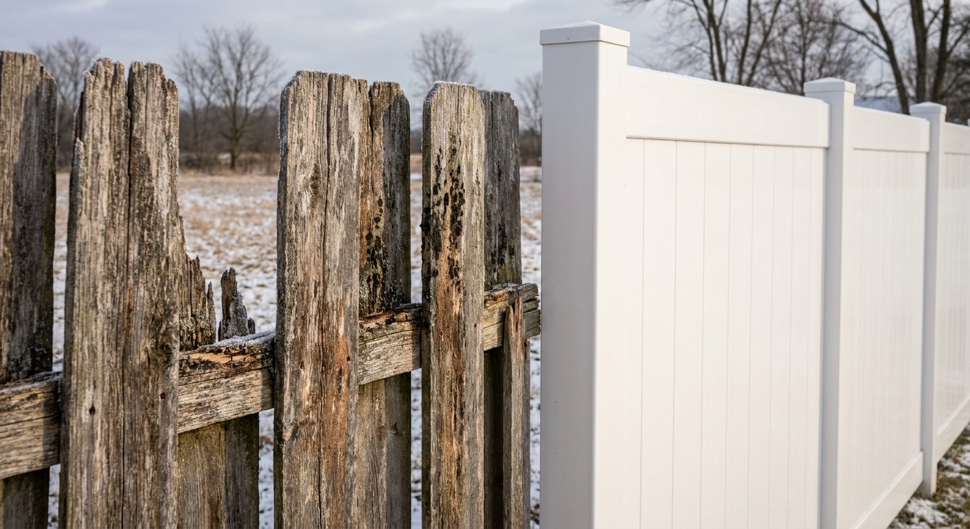 Comparison of weathered wood fence versus durable white vinyl fence in Northeast Indiana climate