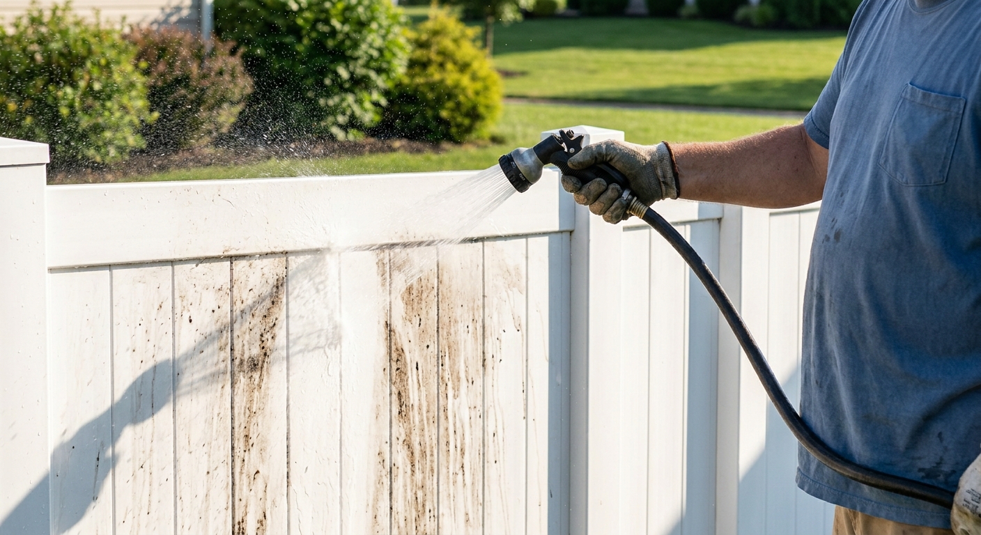 Homeowner cleaning vinyl fence with garden hose in Fort Wayne, showing easy maintenance process