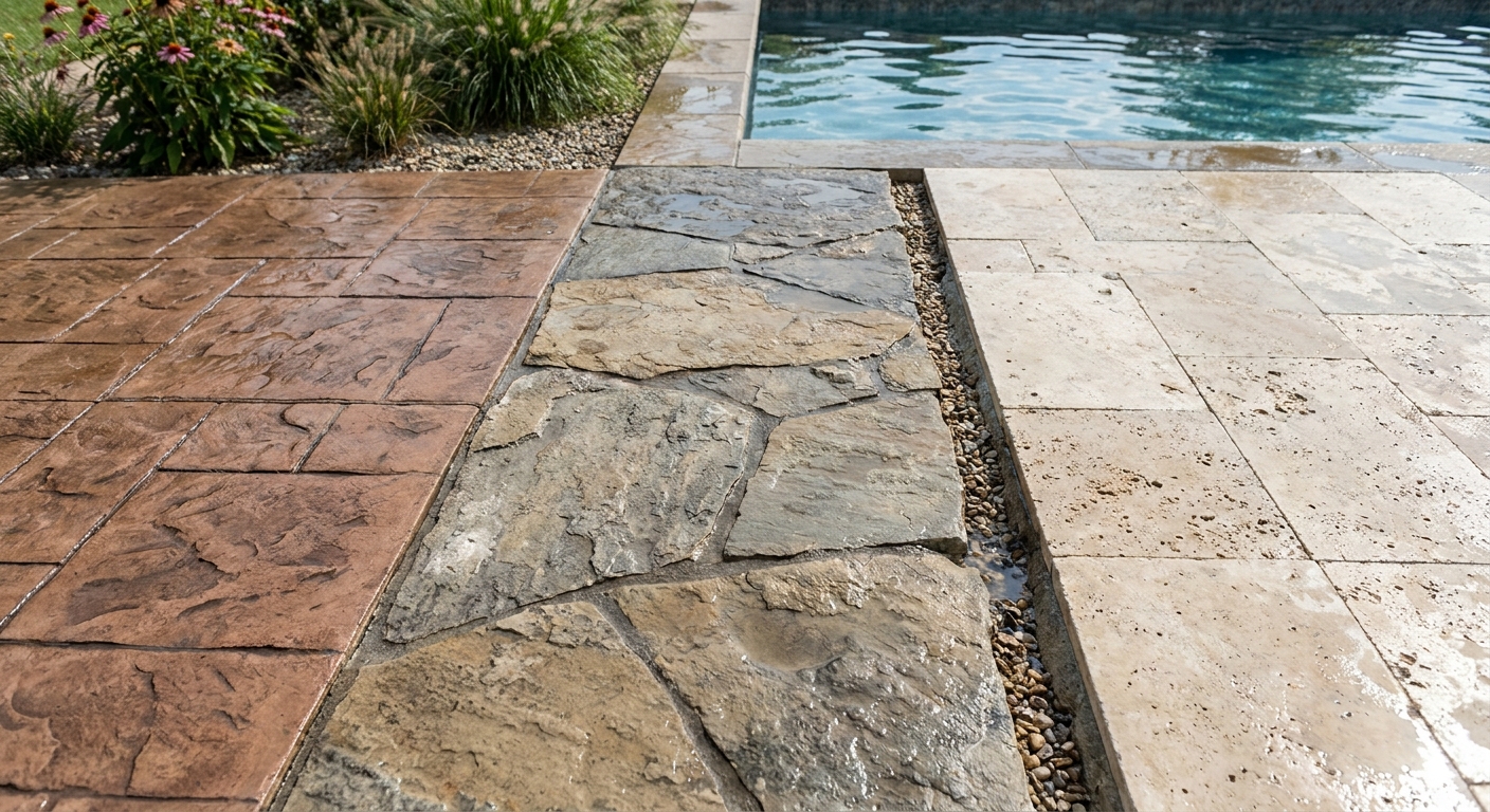 Comparison of stamped concrete and natural stone pool patio materials for Fort Wayne yards