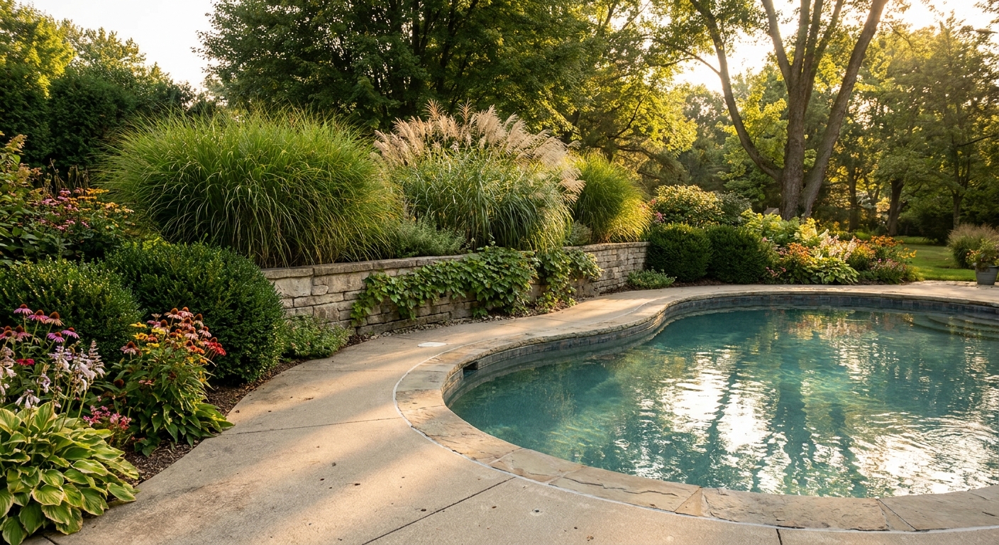 Chlorine-resistant plants and shrubs landscaping around a residential pool in Fort Wayne