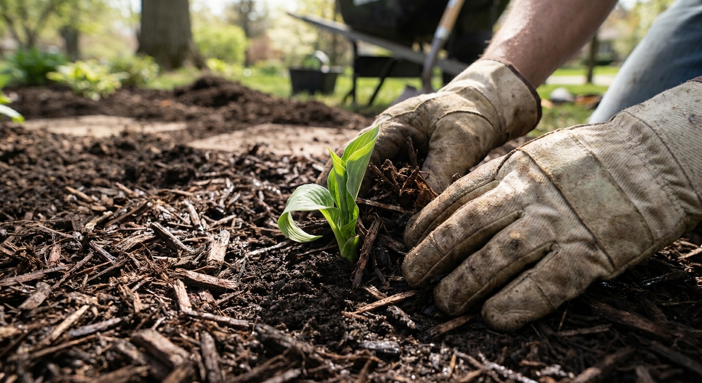 Hands applying fresh mulch around spring perennials in Northeast Indiana garden bed