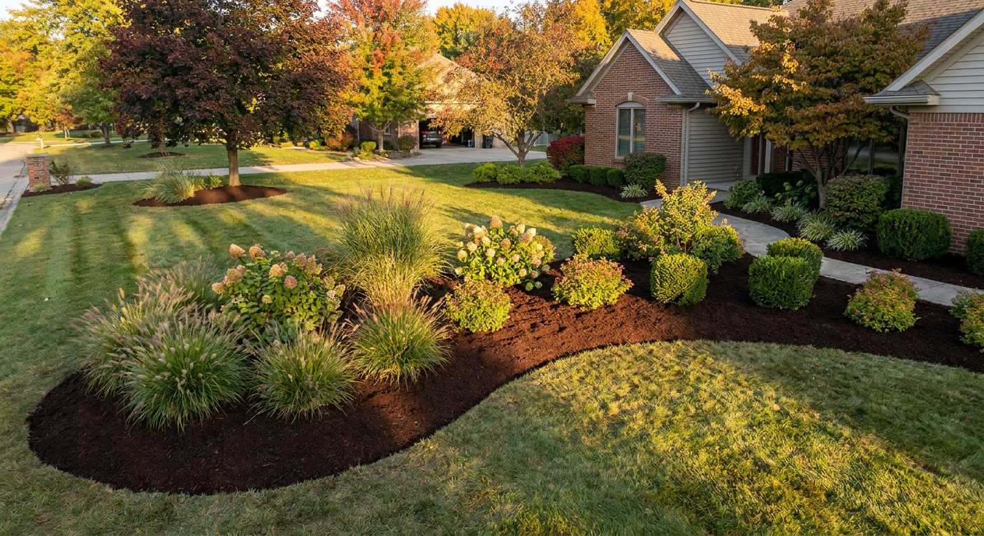 Fall mulch installation in Fort Wayne landscape beds with autumn foliage in background