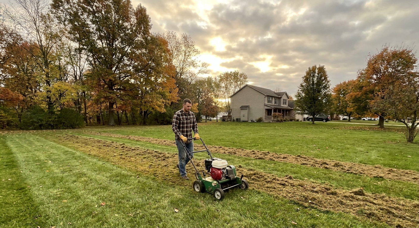 Dethatcher machine working on Fort Wayne lawn during fall season with newly dethatched strips visible