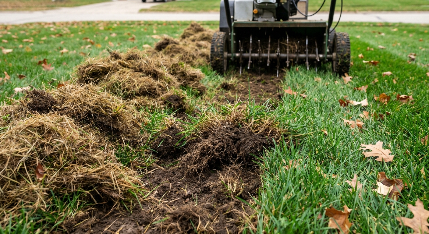 Dethatching results on Fort Wayne lawn showing removed thatch debris and exposed soil with healthy grass recovery