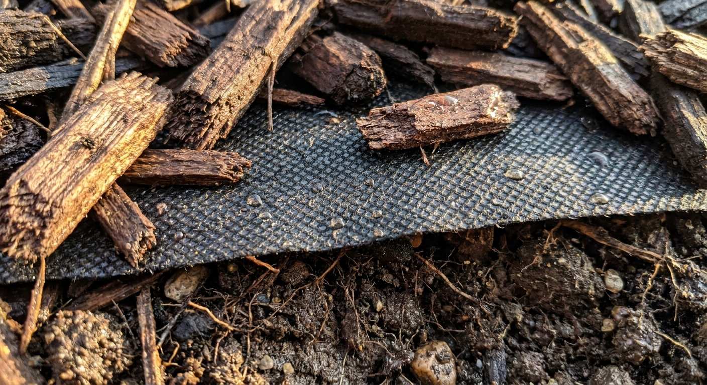 Close-up of landscape fabric and mulch layers in Fort Wayne flower bed showing proper installation