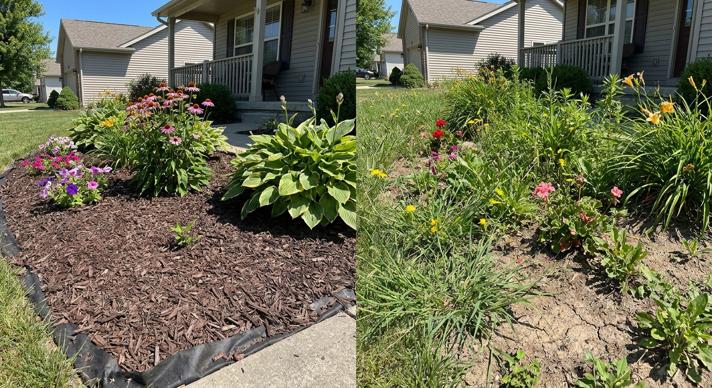 Weed barrier flower bed versus unmaintained garden showing reduced weeds in Fort Wayne yard