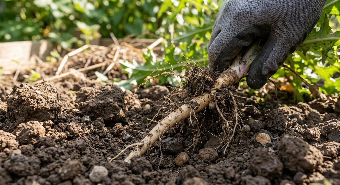 Deep taproot system of thistle weed in clay soil typical of Northeast Indiana gardens