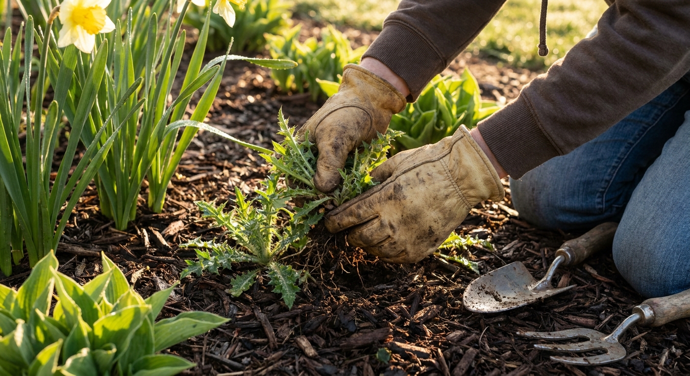Removing young thistle rosettes from flower bed in spring in Fort Wayne Indiana