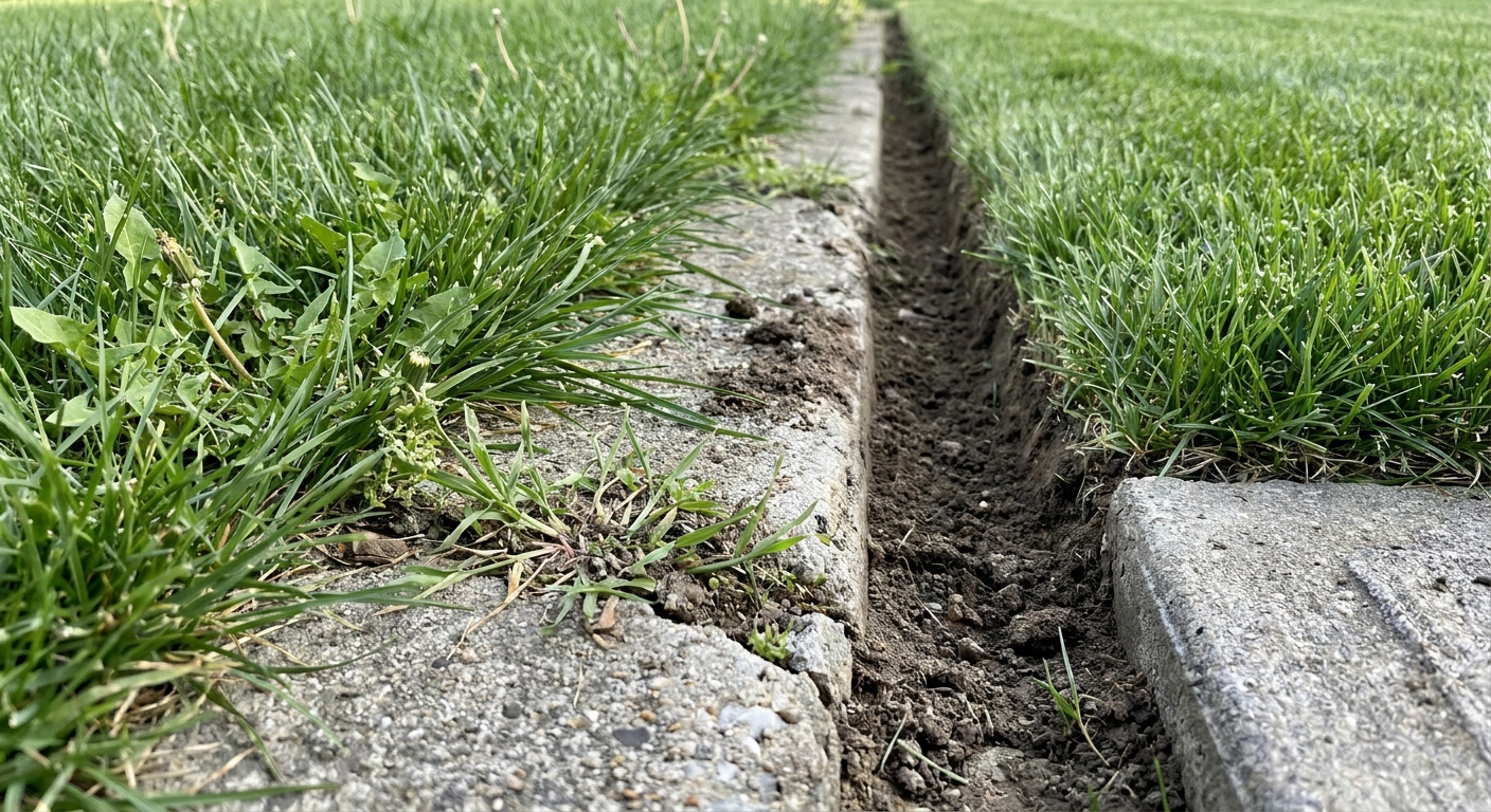 Close-up comparison of overgrown grass versus cleanly edged sidewalk border in Fort Wayne lawn care