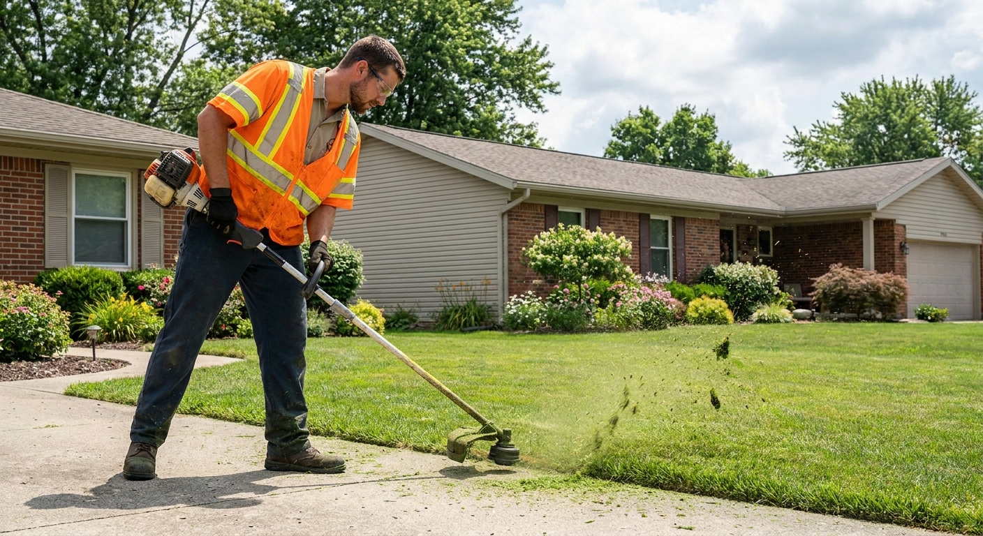 Professional landscape worker edging a driveway with string trimmer in Fort Wayne, Indiana