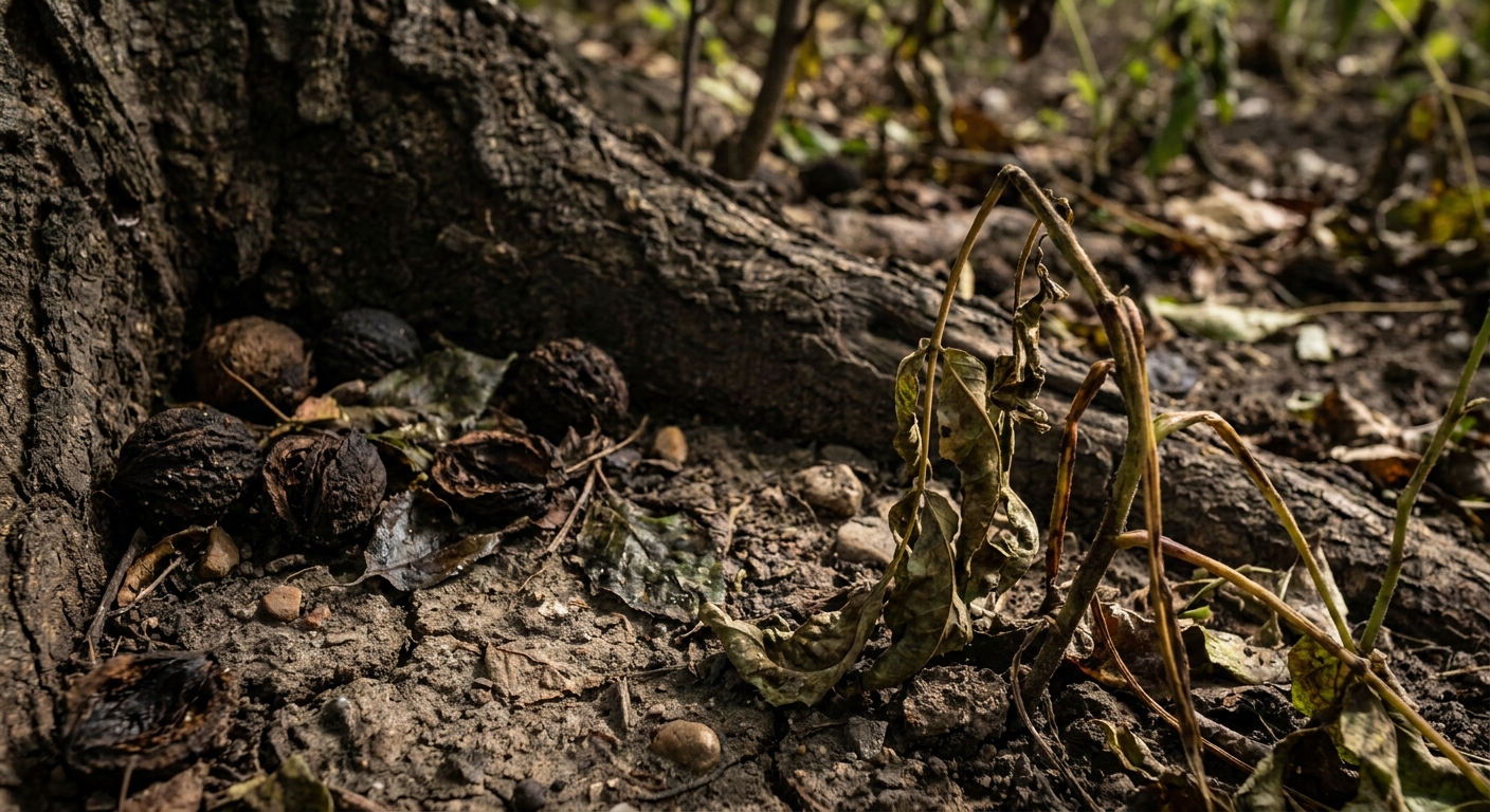 Black walnut tree roots and soil showing wilted plant damage from juglone toxin in Northeast Indiana